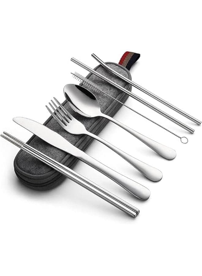 Portable Utensils, Camping School Picnic Workplace Travel Cutlery Set, 8-Piece including Knife Fork Spoon Chopsticks Cleaning Brush Straws Portable Case, Stainless Steel Flatware set