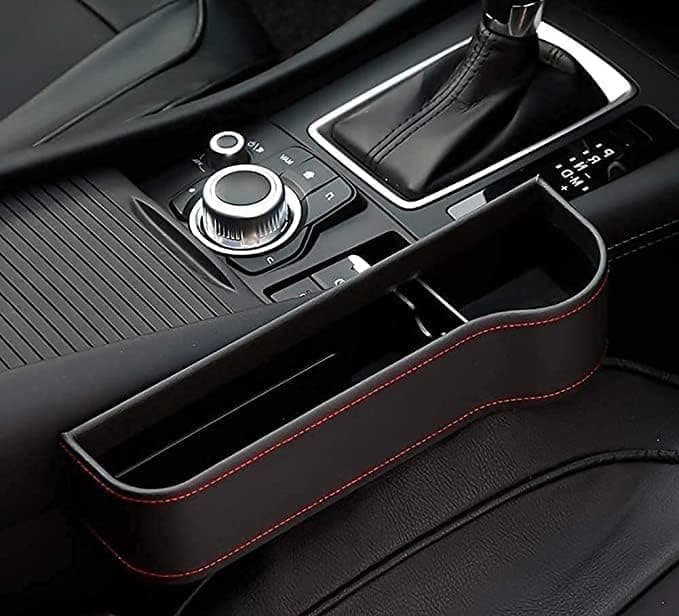 AARKRI SALES Leather Car Side Organizer For Driver Seat Gap Filler Console Pocket With Bottle Cans Holder,Space Saving Rack Holding Cards,Phones,Keys,Coins (Black/27X8X17Cm, 1Automobiles)