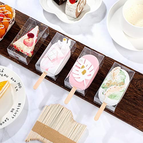 Patelai 75 Pcs Clear Ice Cream Lolly Cakesicle Boxes Set 25 Clear PET Box Ice Cream Plastic Cake Candy Treat Container with 50 Wooden Sticks for DIY Baking Wedding Birthday Party Favor