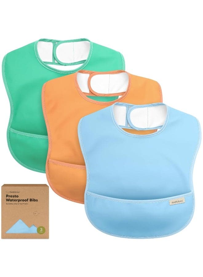 3-Pack Waterproof Baby Bibs for Eating - Lightweight Toddler Feeding Bibs with Large Food Catcher, Mess Proof, Food-Grade Baby Eating Essentials, Easy to Put On & Clean (Basics)