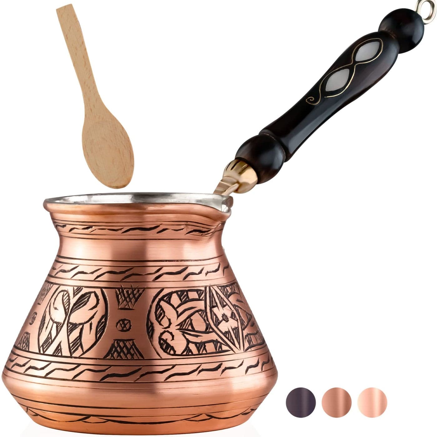 BCS 18 Oz XLarge Copper Turkish Greek Arabic Coffee Pot with Wooden Handle 6 servings Cezve Briki Ibrik Stovetop Coffee Maker Includes Wooden Spoon