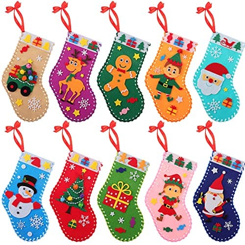 SATINIOR 10 Pcs Christmas Craft Felt Stocking Kits DIY Sewing Felt Stockings Christmas Ornaments Tree Wall Door Hanging