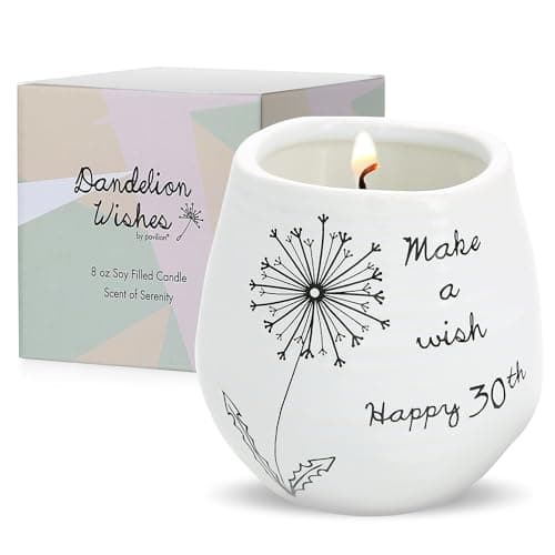 Pavilion - 8 Oz Candle Holder - White Ceramic Candle Jar with 100% Soy Wax Candle Serenity Scent "Make a wish Happy 30th" Ideal Gift for Loved Ones - Printed Text, Love Theme & Oval Shape