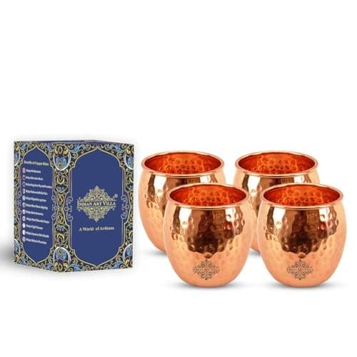 INDIAN ART VILLA Copper Glass Tumbler, Hammer Design, Drinkware, 550 ML Each, Set of 4