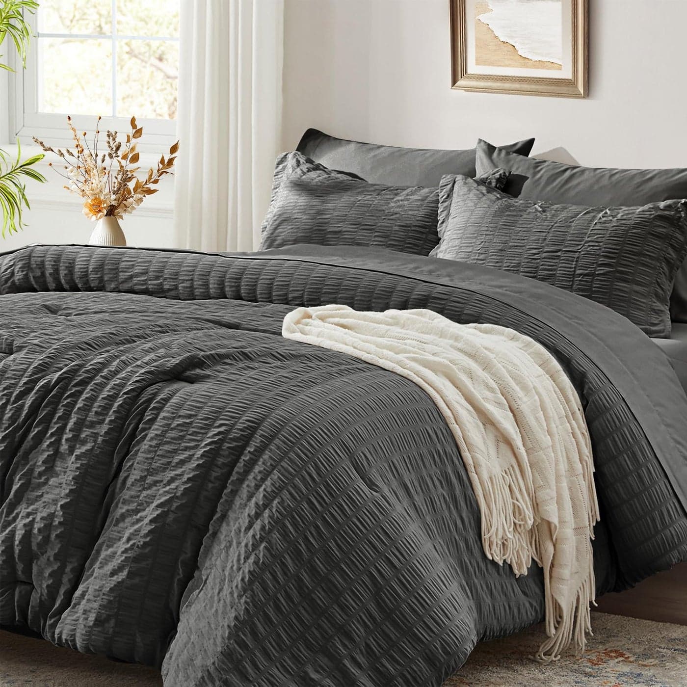 Zzlpp Twin Comforter Set 5 pieces Dark Grey Seersucker Bed in a Bag with Comforter and Sheets All Season Bedding Sets with 1 Comforter 1 Pillow Sham 1 Pillowcase 1 Flat Sheet 1 Fitted Sheet