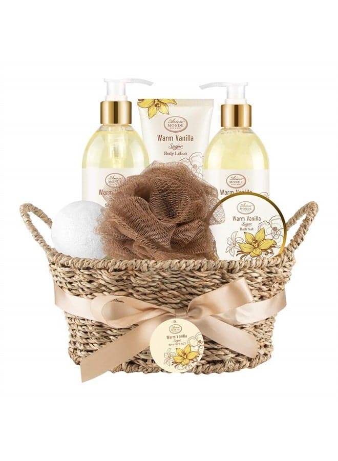 Bath & Shower Spa Basket Gift Set, Warm Vanilla Sugar Scent, with Shower Gel, Bubble Bath,Body Lotion, Bath Bomb,Bath Salt, Bath and Body Gift Box for Women
