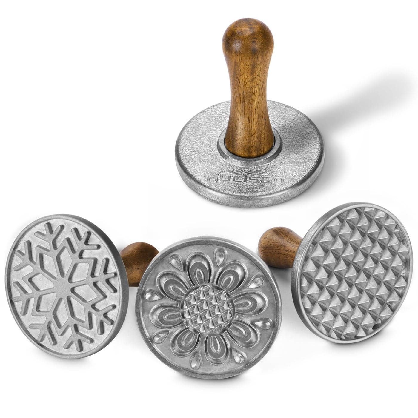 HULISEN Cookie Stamps Set of 4 Metal Cookie Press Mold with Wooden Handle Decorating Supplies for DIY Baking Cake Pastry Easy to Use Gift Package