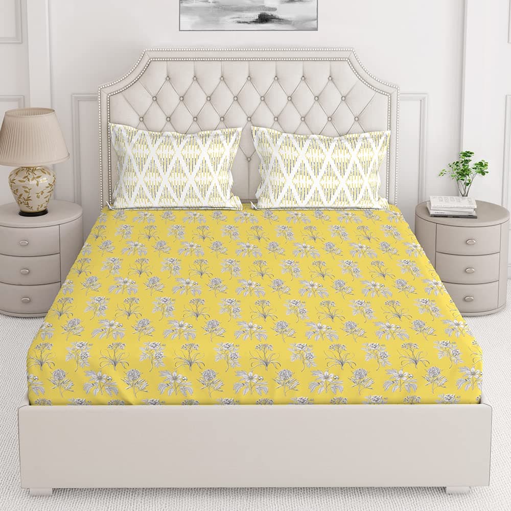 Layers Illuminating Homes Bedsheet King Size Bed Cotton Includes 2 Pillow Cover Light Weight Breathable Skin Friendly Moisture Absorbent All Season Comfort Botanical Yellow