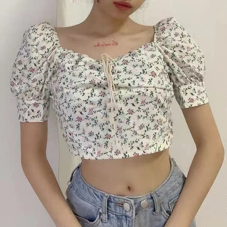 Summer Korean Style New Square Collar Floral Puff Sleeve Short-Sleeved T-Shirt Women'S Export Women'S Tops