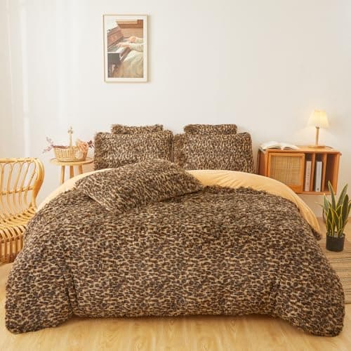 Fluffy Faux Fur Cheetah Comforter Cover Set Queen - Ultra Soft Plush Leopard Bedding Sets 3 Pieces (1 Fluffy Duvet Cover + 2 Faux Fur Pillow case) Leopard Print Bed Set (Cheetah, Queen)