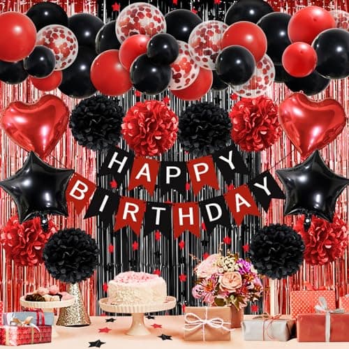 ZERODECO Red Black Birthday Party Decorations Happy Birthday Banner Pompoms Balloon Arch Fringe Curtain Party Dcor for Baby Girls Women Black and Red Party