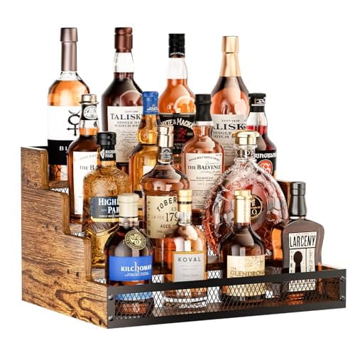 Yuzehuaza 4 Step Countertop Liquor Bottle Display Shelf, Wood Bar Shelves 16 Bottles with Fences, Freestanding Storage Shelves for Liquor Whiskey Wine Coffee Syrup Display, Retro Wine Rack Home