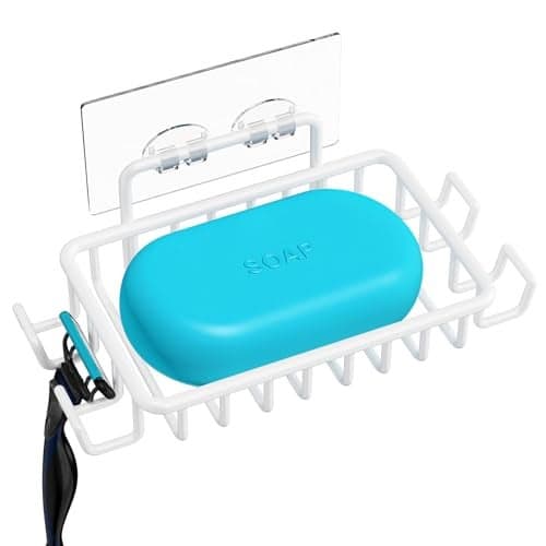 Nieifi Bar Soap Holder for Shower Wall with 4 Hooks, Stainless Steel Adhesive Soap Dish for Bathroom, White