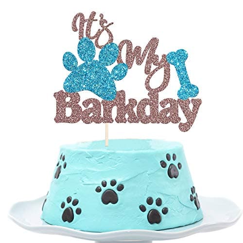 Festiko It's My Barkday Cake Topper - Puppy Birthday Party Decoration Supplies for Pet Dogs - Rose Gold & Blue Glitter