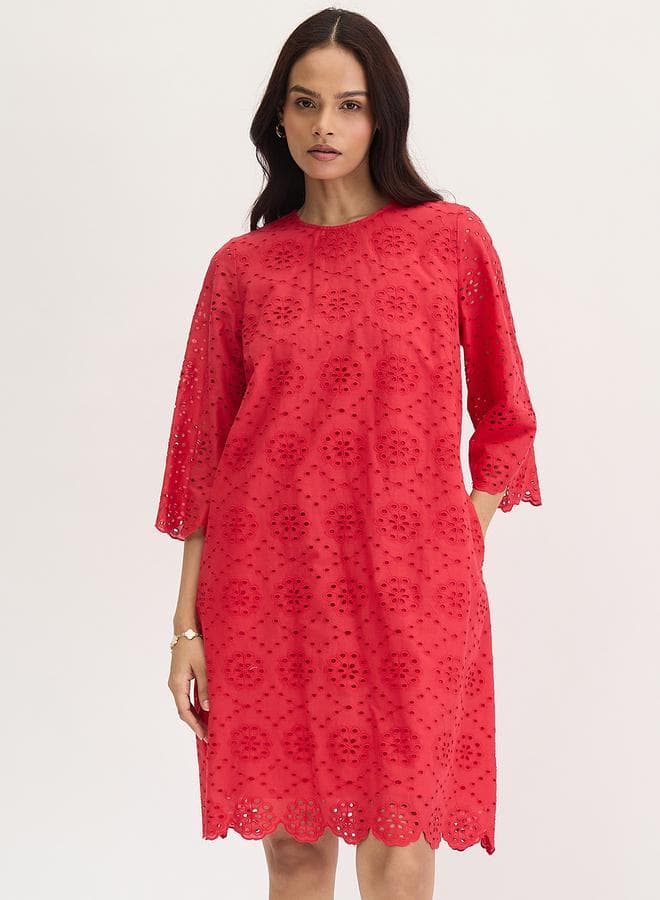 Femmella Red Cotton Schiffli Knee Length Dress
