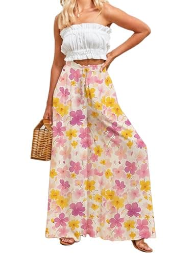 YOCUR Summer Beach Vacation Pants High Waisted Wide Leg Pants for Women Printed Loose Flowy Palazzo Lounge Trousers Flower Printing M