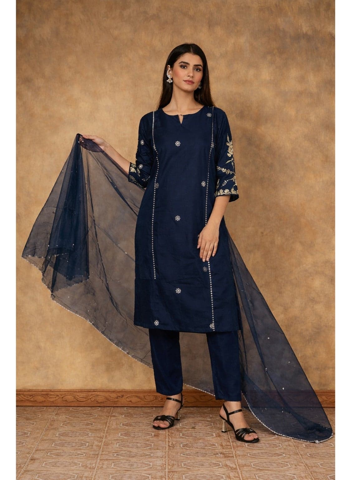 PRIYA'S PANACHE Bold Blue Silk Kurta Pant Set with Organza Dupatta.