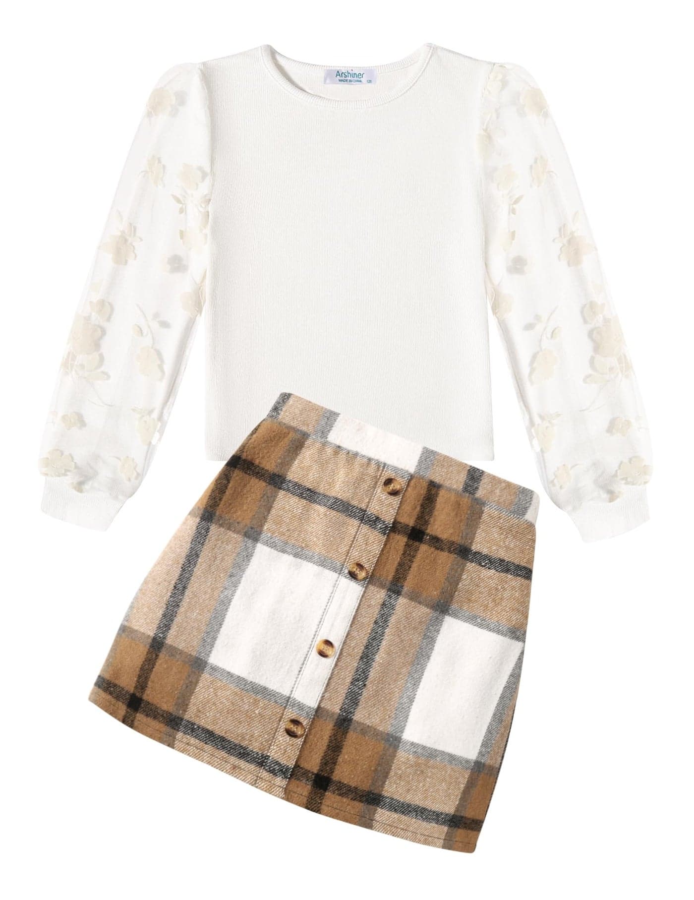 Arshiner Skirts Sets for Girls White Long Sleeve Knitted Tops and Brown Corduroy ALine Dress Cute Kids Skirts Sets Fall Clothes