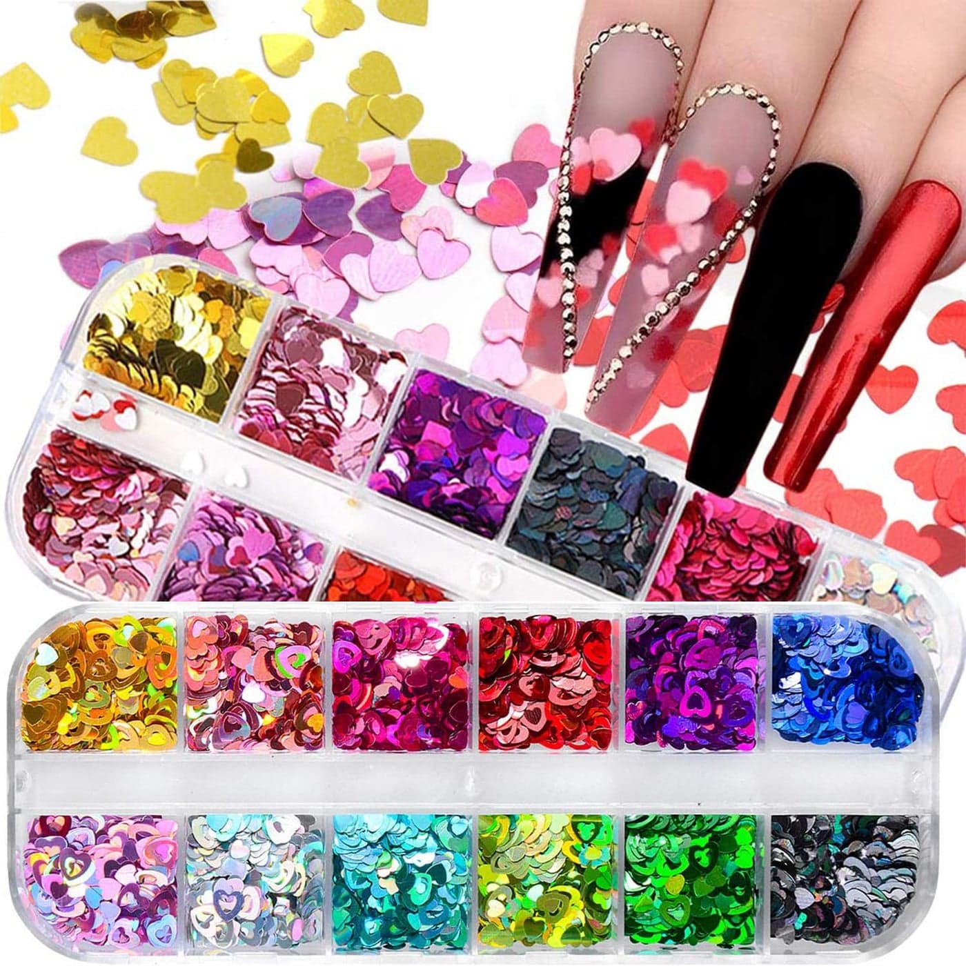 Heart Nail Art Glitter Sequins 3D Love Heart Nail Flakes Design Holographic Laser Big Small Hearts Nail Art Supplies for Women Girls Manicure Sparkle Decorations DIY Body Makeup Kit2 Boxes
