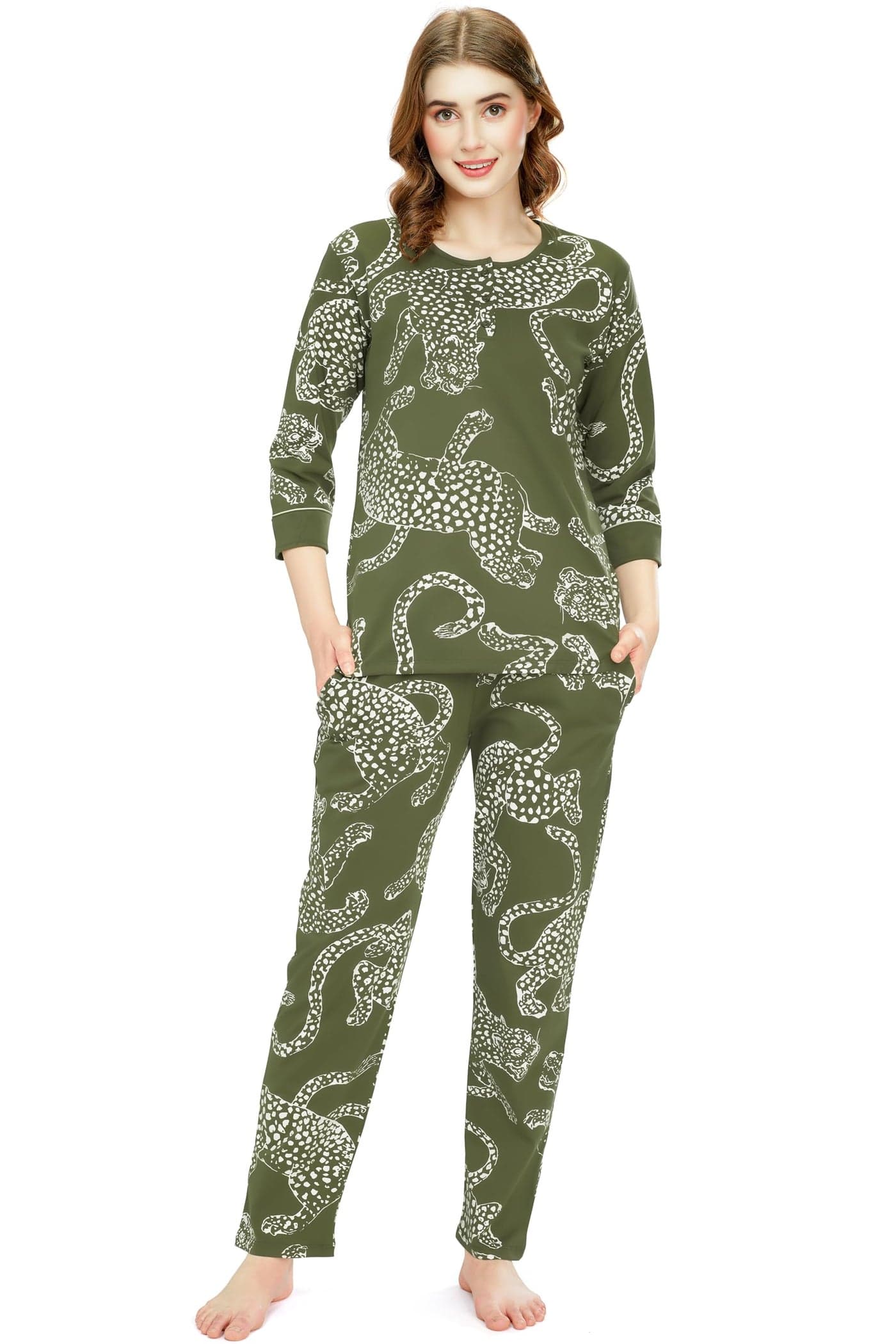 ZEYO Night Suit for Women's Olive Green Leopard Printed Cotton Night Dress of Top and Pajama Set 5787