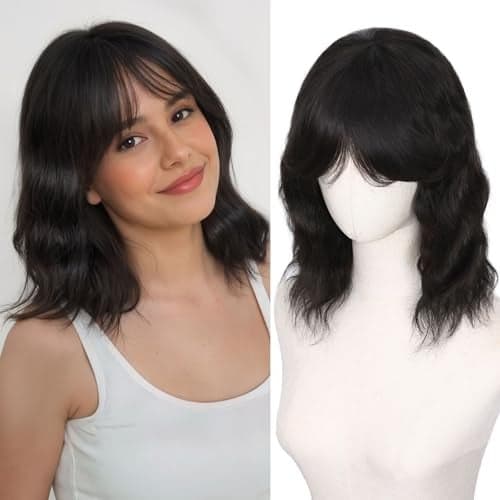 WIGNEE Women's Natural Black 12 Inch Wavy Human Hair Wig with Bangs