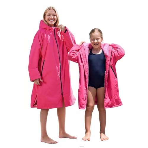 Owntop Swim Parka Men, Waterproof Surf Poncho, Warm Sherpa Lining, Oversized Hooded Changing Robe Swimming Coat for Beach Pool (Pink, XL)