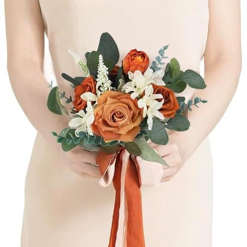 Rinlong 1Pc Fall Wedding Bouquets for Bridesmaids Burnt Orange Sage Artificial Bridesmaid Bouquet for Wedding Prom