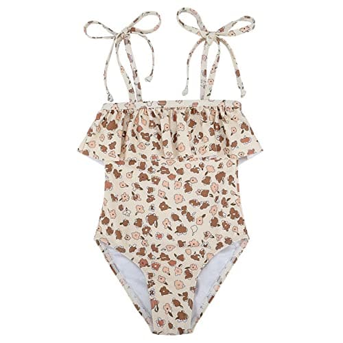 Zando 4t Swimsuit Girls One Piece Swimsuits - Cute Ruffle Sling Toddler Bathing Suit Girl 5t, Kids Swimwear with Adjustable Straps, Toddler Swimsuit for Summer Beach Vacation Wear B Khaki Flowers 4-5T