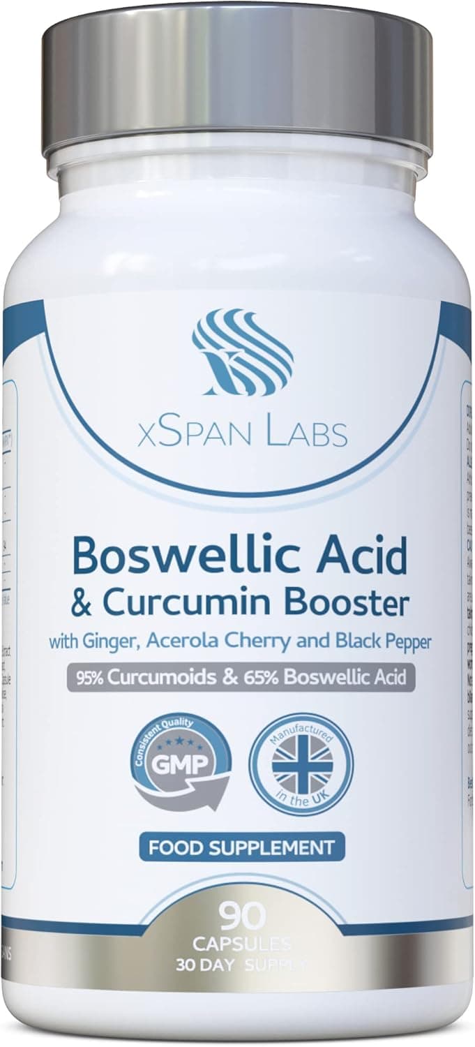 Boswellic Acid Curcumin Booster Complex 1 Month Supply 90 Capsules containing Minimum 95 Curcumoids 65 Boswellic Acid with Added Ginger Acerola Cherry and Black Pepper