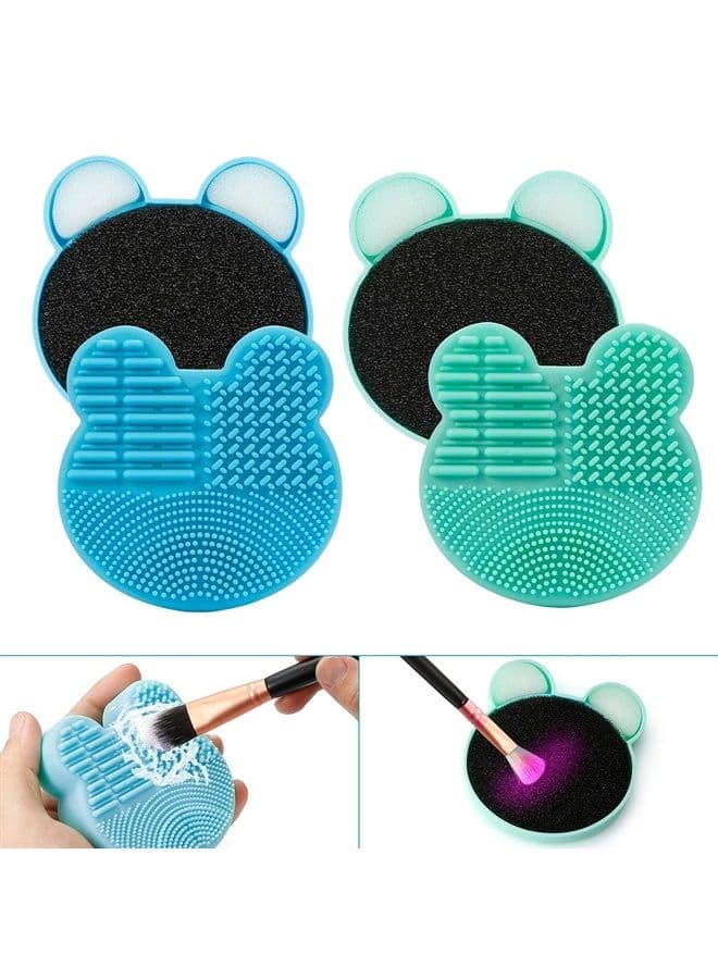2 Pack Makeup Brush Cleaning Mat with Color Removal Sponge, 2 in 1 Design Silicone Cleaner Pad for Dry Brush Color Switch and Wet Cleaning (Blue&Green)