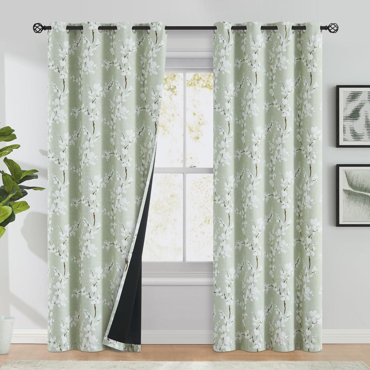 FMFUNCTEX 100 Blackout Floral Curtains for Bedroom Sage Green Curtains 90 inches Long Blossom Patterned for Living Room Thermal Insulated Farmhouse Drapes Grommet Top 2 Panels White on Green