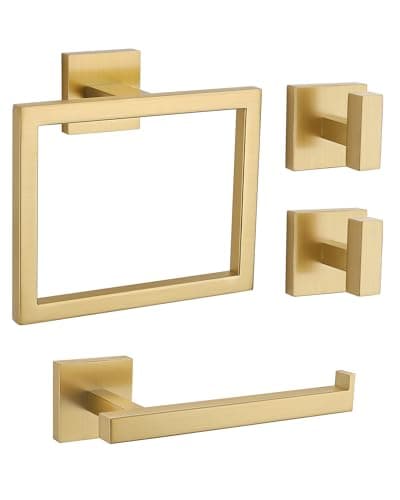 Brushed Gold Bathroom Hardware Set 4 Pieces, Toilet Paper Holder Set SUS304 Stainless Steel Bath Hand Towel Ring for Bathroom Hardware Accessories Set Wall Mounted