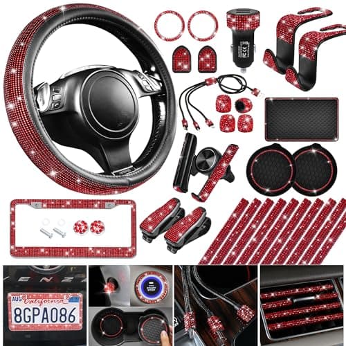 CAR PASS 30 PCS Bling Diamond Car Accessories Set for Women Bling Steering Wheel Covers 15 Inch Shining Rhinestone License Plate Frame Sparkly Phone Holder Cute Interior Set Decorations Red