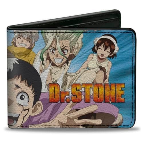 BuckleDown Crunchyroll Wallet Bifold Dr Stone Character Group Rays Pose and Title Logo Blues Vegan Leather