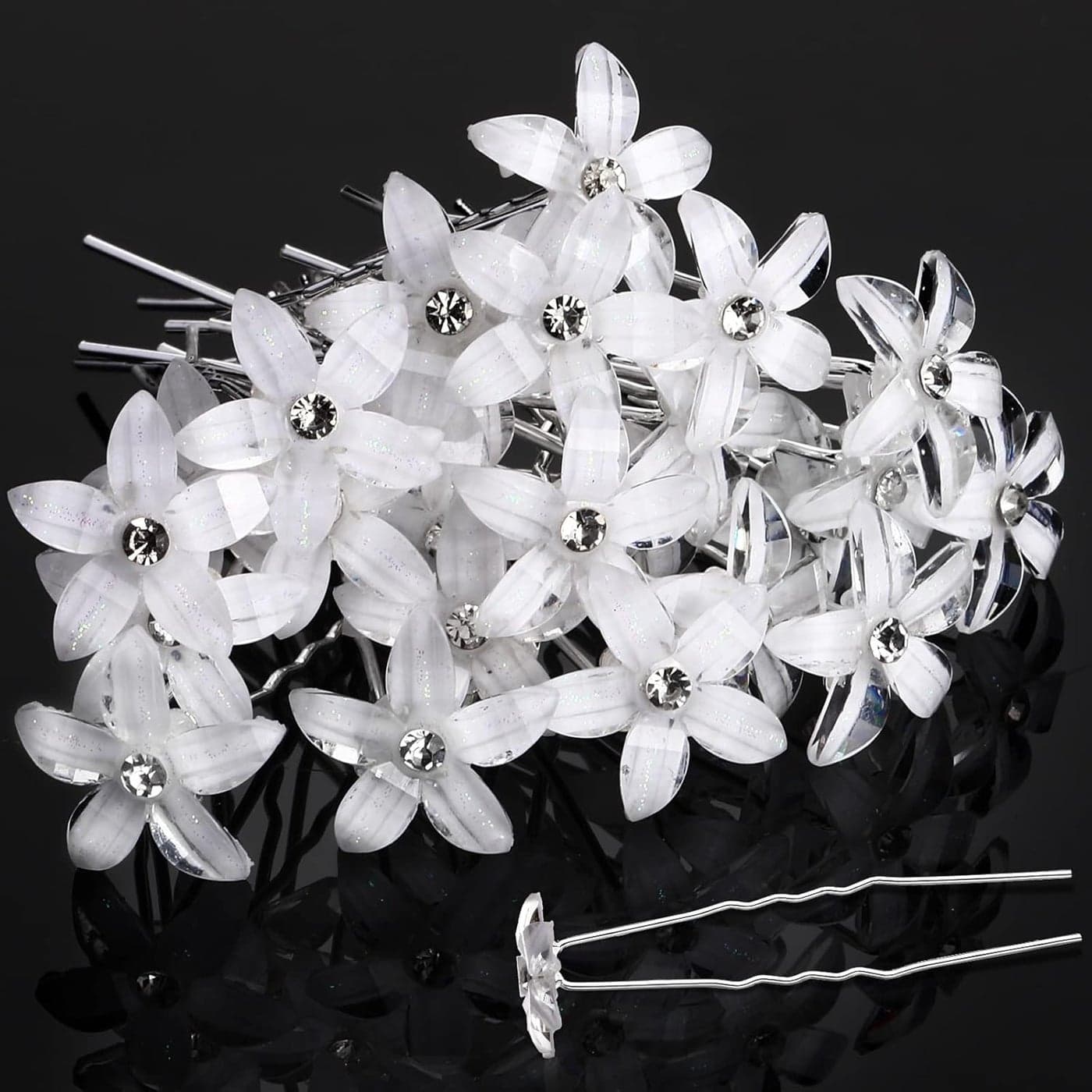 Waydress 24 Pieces Hair Pins White Rhinestone Flower Hair Pins U Shaped Flower Hair Clips Wedding Hair Accessories for Women Brides Bridesmaids Hair Jewelry