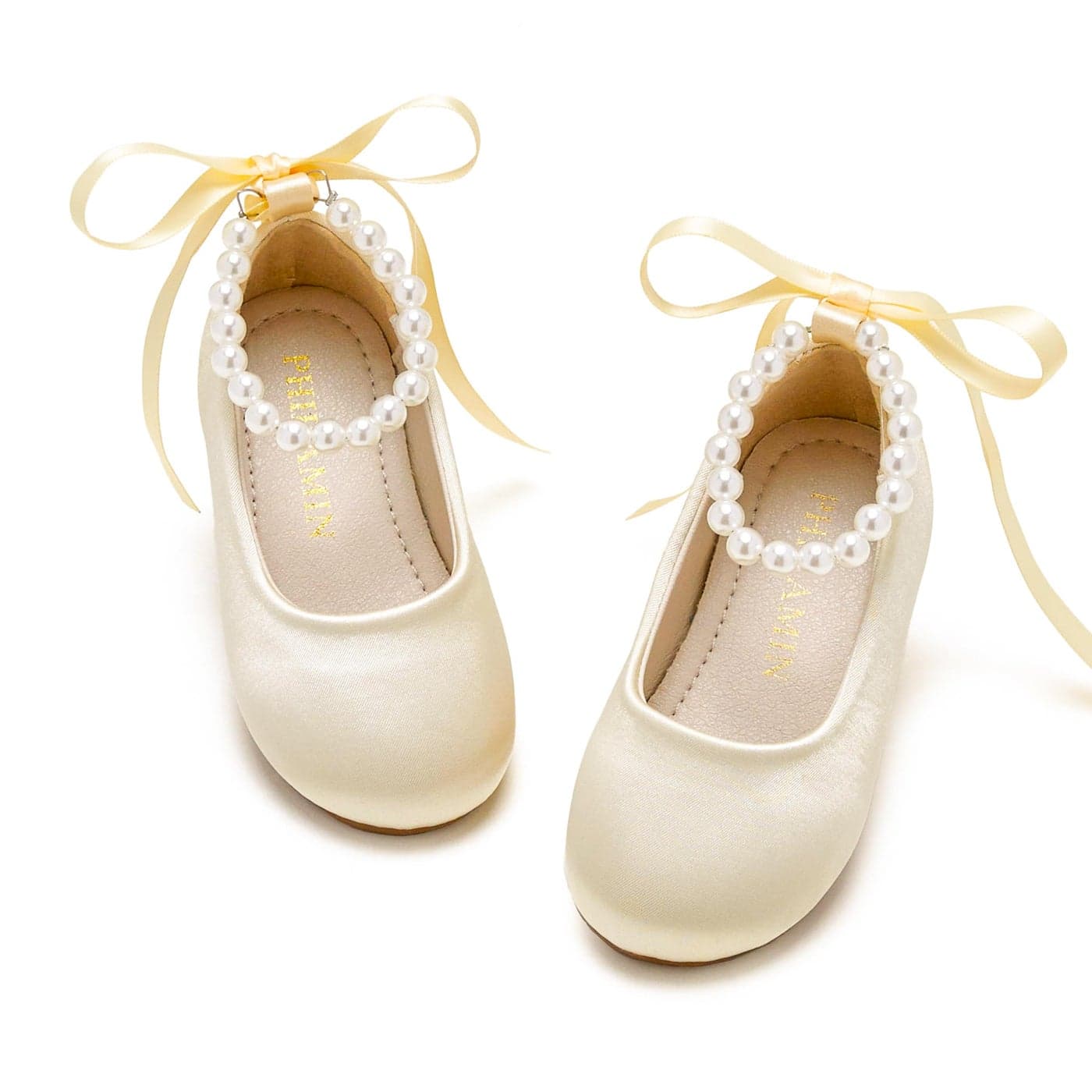 PHIRAMIN Toddler Flower Girl Satin Gold Dress Shoes Little Girl Ballet Flats Size 12 Pearl Wedding Party