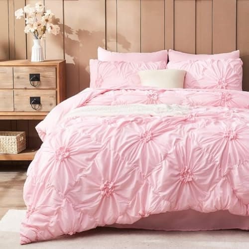 Jameswish Pink Comforter Set Queen Size Bed in A Bag 7 Piece Pinch Pleat Bedding Set, Pintuck Ruched Flowers Bed Set with Comforter, Sheets, Pillowcases & Shams