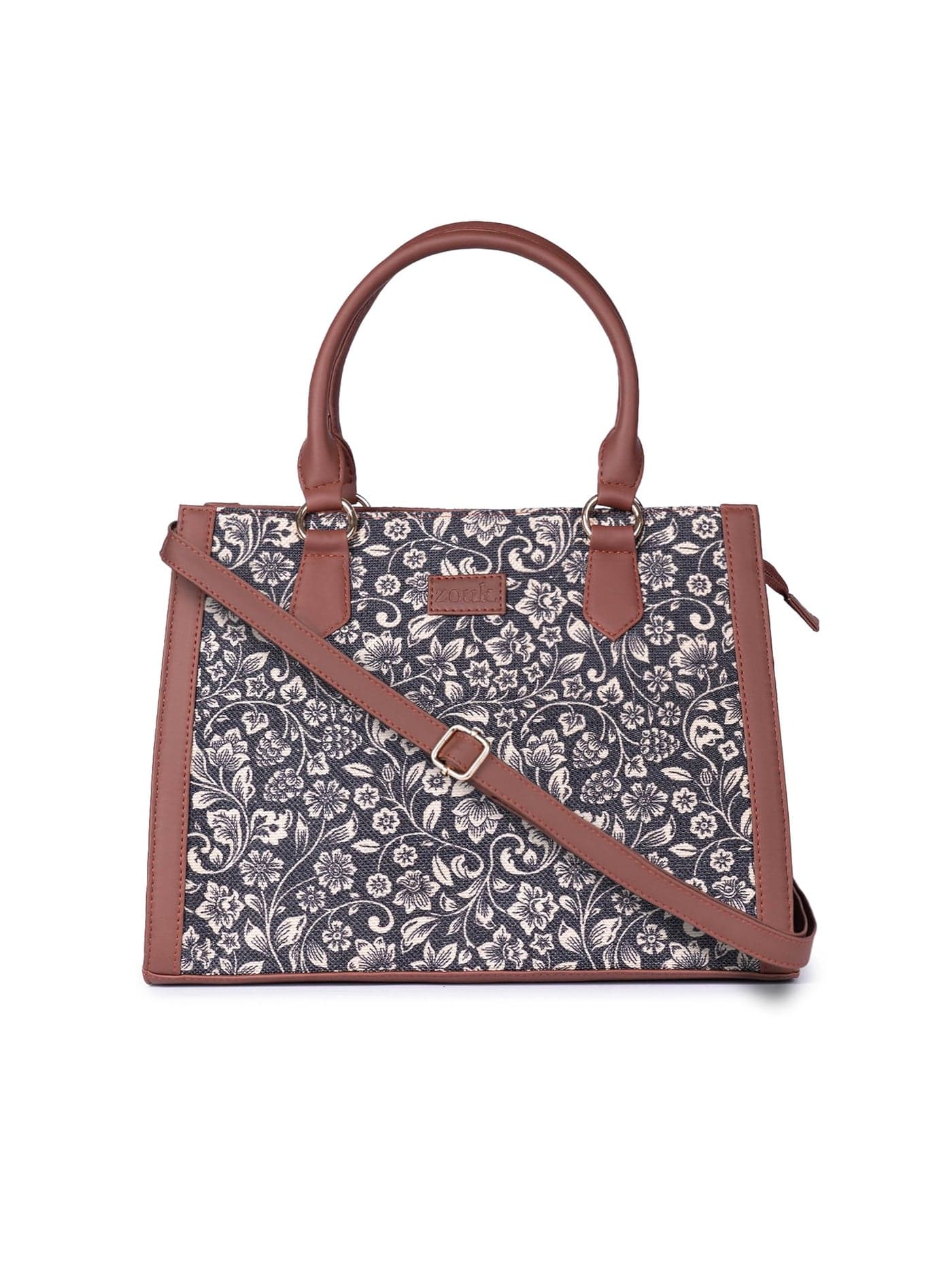 ZOUK FloMotif Floral Printed Jute Handcrafted Vegan Leather Black Women's Satchel Bag | Ladies Purse Handbag | Double Handle Detachable Strap