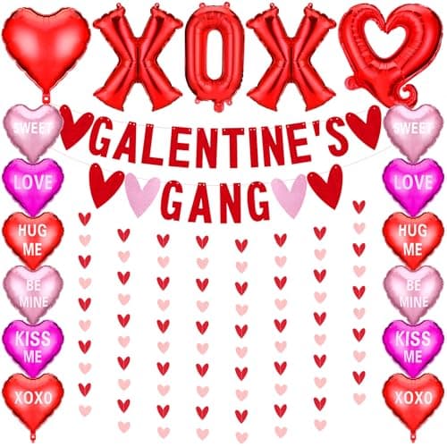 Realspring 22 Pcs Happy Galentines Day Decorations Includes Xoxo Balloons Heart Balloons Galentines Gang Banner and Heart Hanging Garland