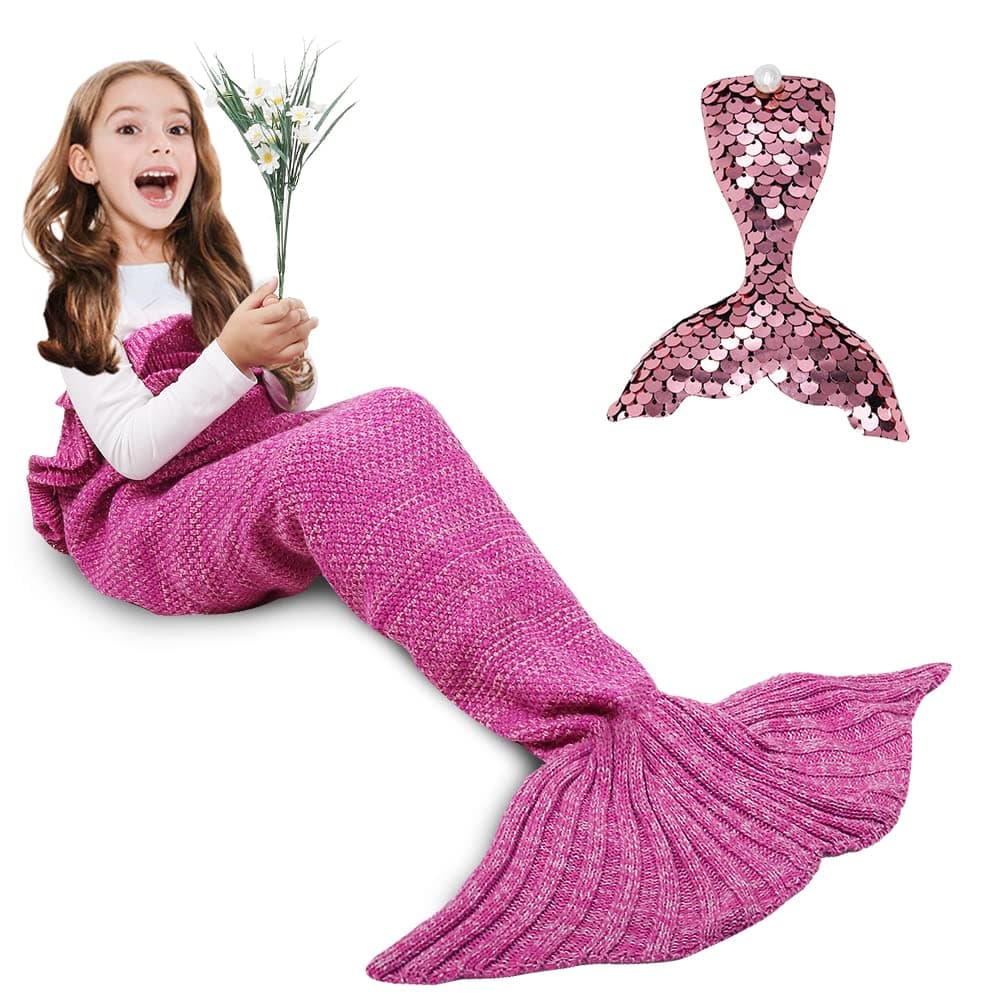 AmyHomie Mermaid Tail Blanket Soft Crochet Sleeping Blanket for Kids Adults Mermaid Gift for GirlsPinkKids