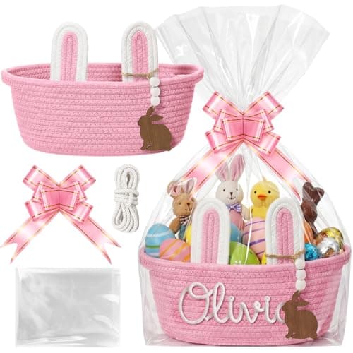 SiliFine Custom Easter Basket Personalized Easter Bunny Gift Basket with Name Rope Bow Ribbons and Gift Bag for DIY Egg Hunt Girls BoysPink