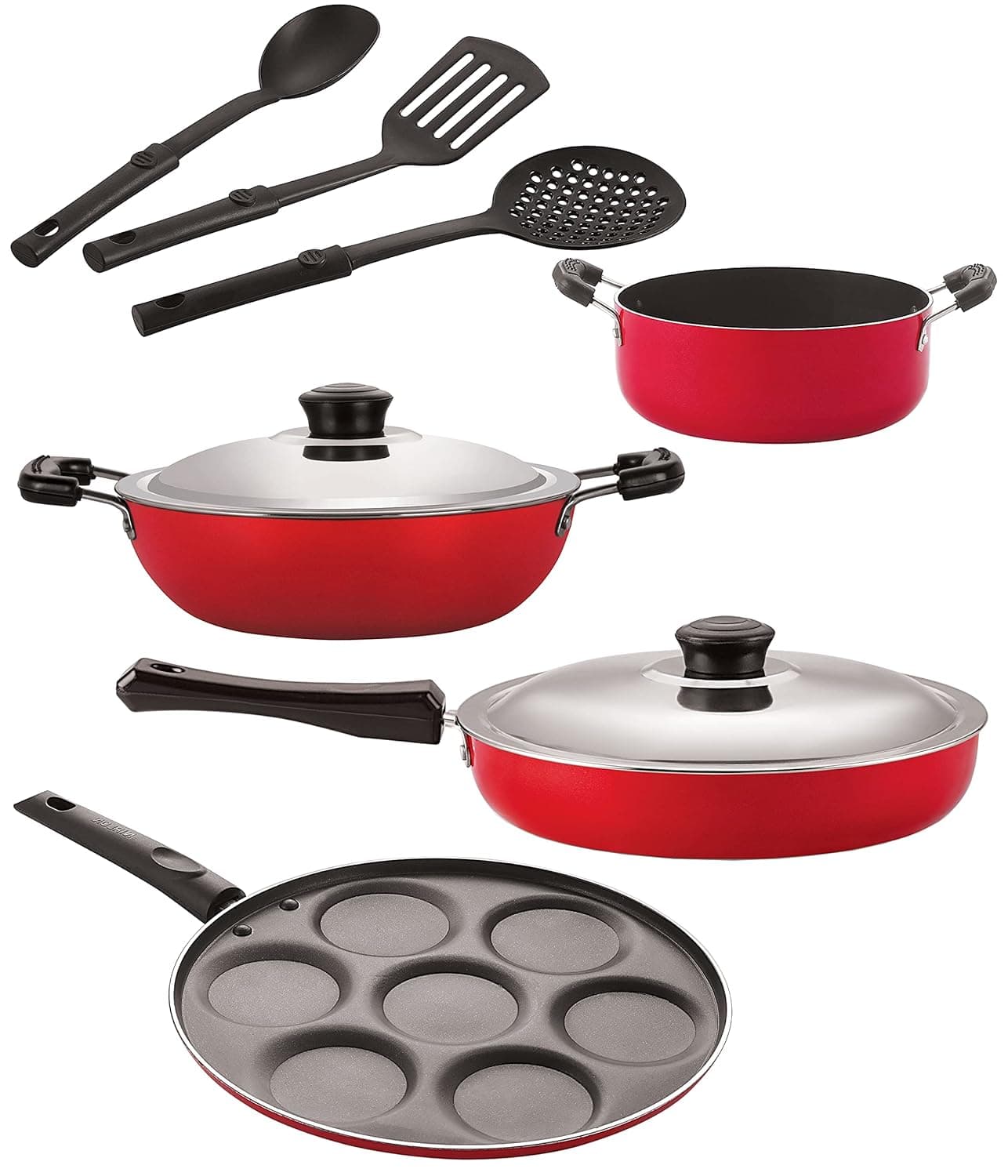 Nirlon Nonstick Coated Aluminium 7 Pcs Set of Deep Kadhai-24cm,Uttapam-7 Cavity,Casserole-22cm,Fry Pan-24cm & 3 Spoon (2.6mm_DKD(B)_UP(7)_Cass22_FP12_3SPN)