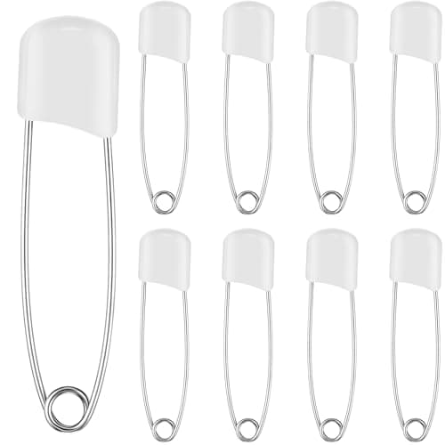 WILLBOND 8 Pcs Diaper Pins Safety 22 Inch Plastic Head Cloth Diaper Nappy Pins with Locking Closures Stainless Steel with Velvet Bag White