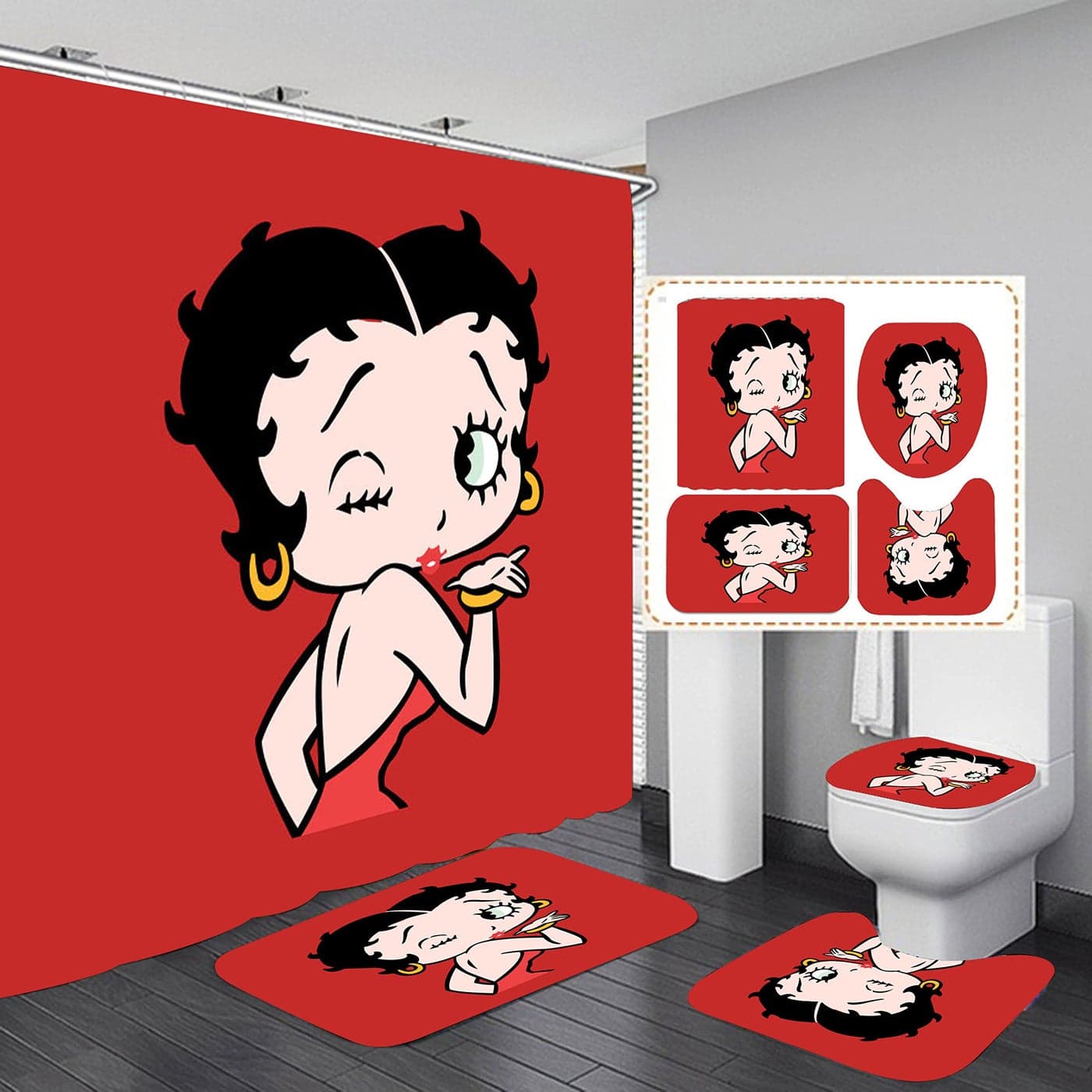 Betty Red Bathroom 4 Pieces Set Shower Curtain Toilet Lid Cover and Bath Mat NonSlip Rugs Durable and Waterproof for Bathroom Decor Set 72 x 72