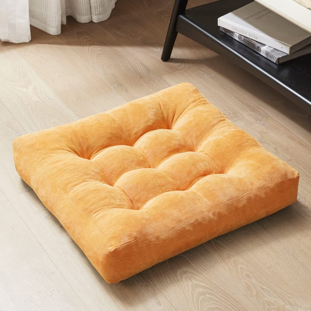 Degrees of Comfort Meditation Floor Pillow Square Large Pillows Seating for Adults Tufted Corduroy Cushion for Living Room Tatami Orange Yellow 22x22 Inch