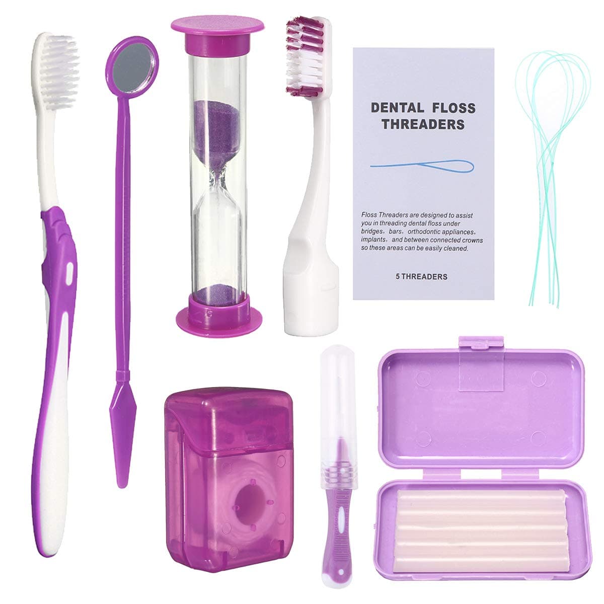 Braces Cleaning Kit for Teeth Portable Orthodontic Toothbrush Kit Oral Care Dental Travel Kit Interdental Brush Dental Wax Dental Floss Toothbrush Box Purple