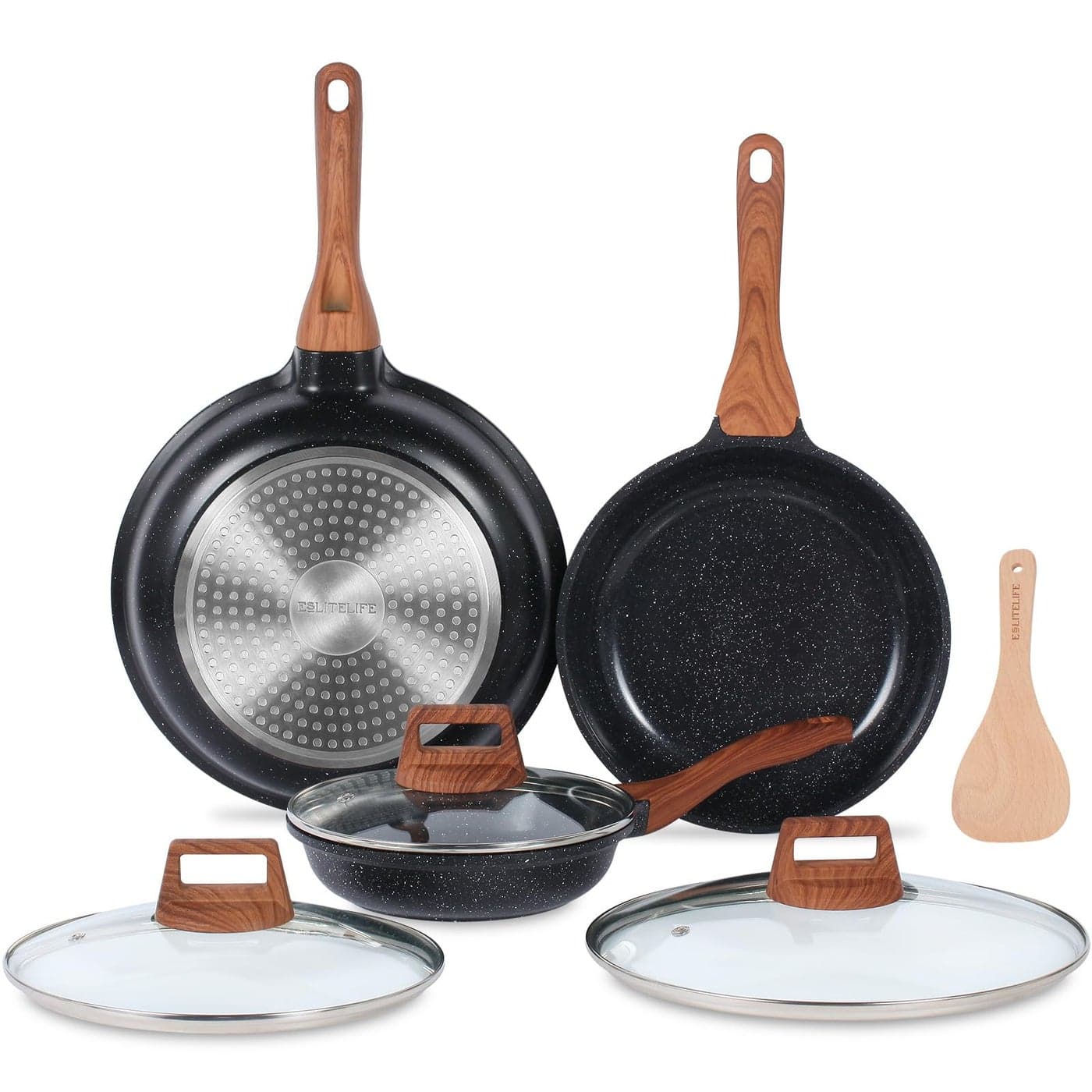 ESLITE LIFE Nonstick Ceramic Frying Pans Skillets Set with Lids NonToxic Egg Omelette Kitchen Cooking Pans Compatible with All Stovetops Gas Electric Induction PTFE PFOA Free Black