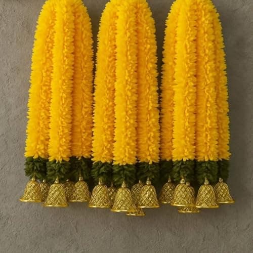 RR Crafts 5 Pcs Bell Yellow Gajra Hangings Decoration for Home | Artificial Mogra Garlands 2.5ft Each | Mandir Pooja Room Ganpati Lakshmi Varalakshmi Diwali Door Wall Decor Backdrop Festival Decorat