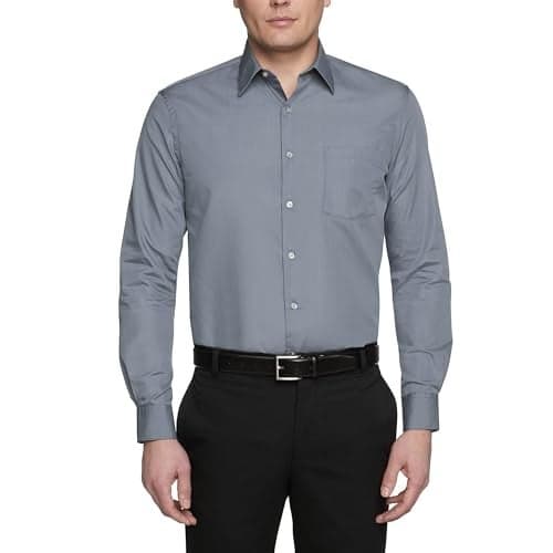 Van Heusen Men's Dress Shirt Regular Fit Poplin Solid, Grey, 17" Neck 34"-35" Sleeve