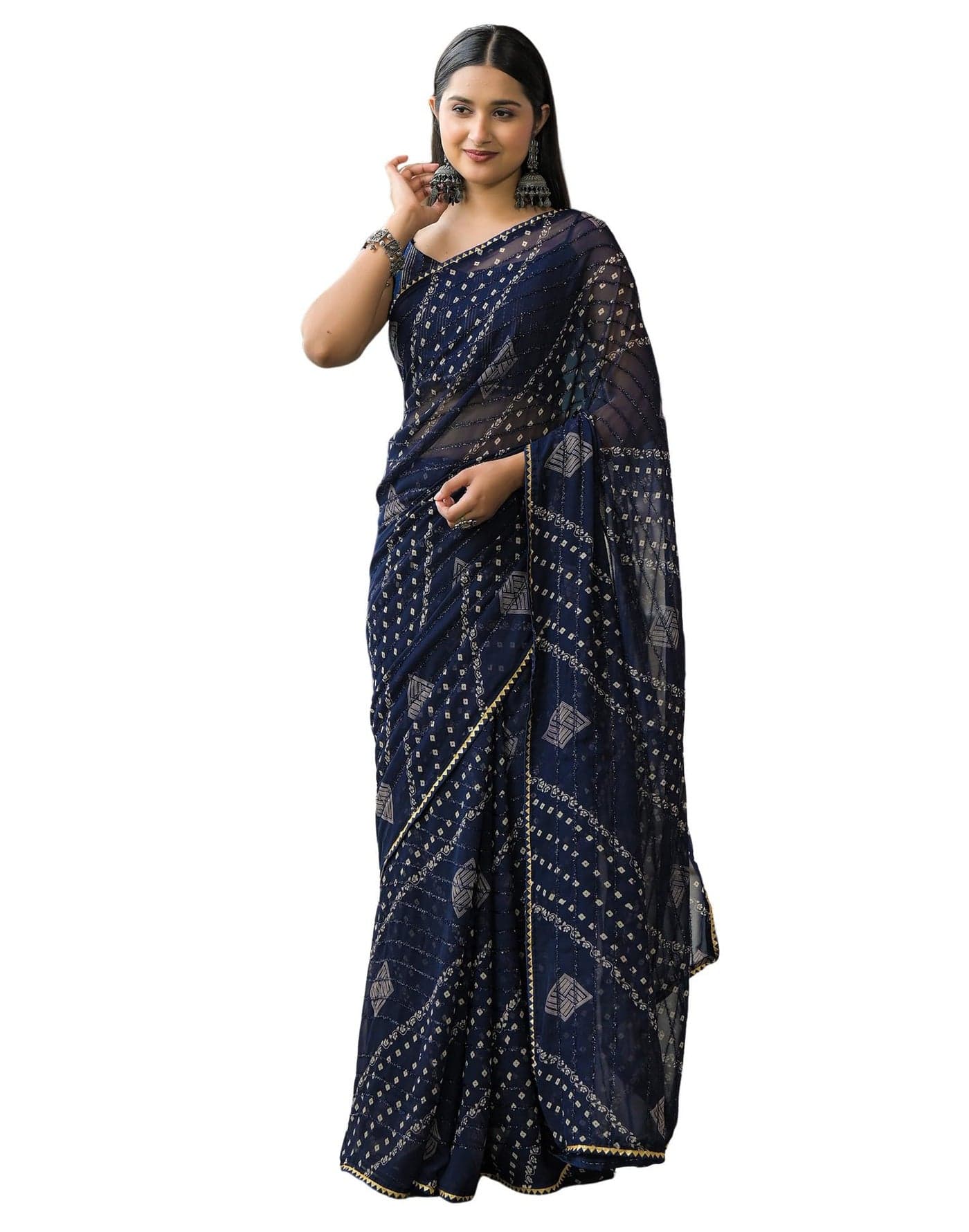 SIRIL Women's Georgette Bandhani Saree With Unstitched Blouse (4785S122_Blue)